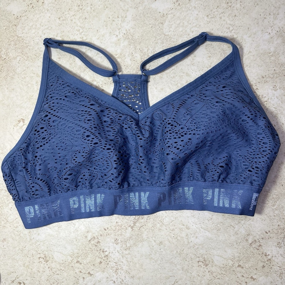 Victoria's Secret PINK Blue Lace Mesh Bralette Sports Bra Adjustable Y-Back Sz M